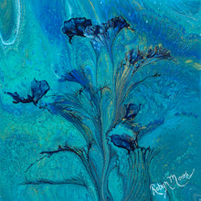 abstract fluid acrylic painting with vibrant blue green colors and flower