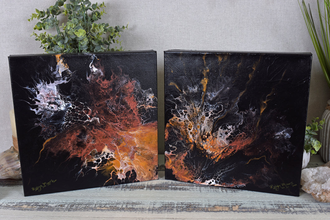 abstract gold bronze black fluid diptych painting