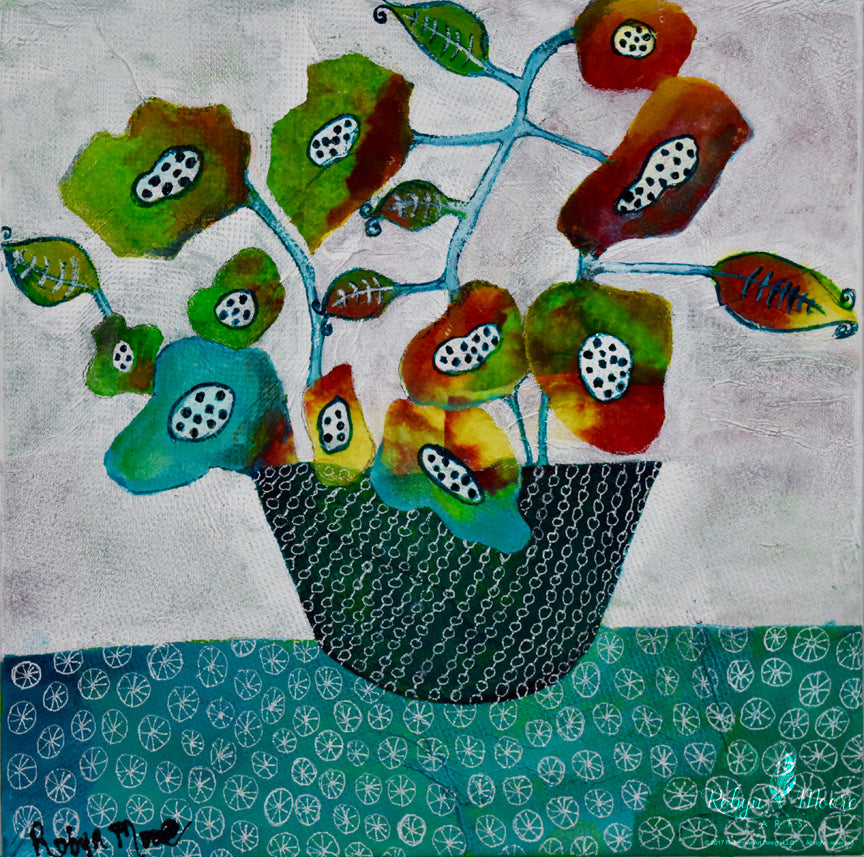 vase of colorful flowers sitting on table hand drawn ink details 