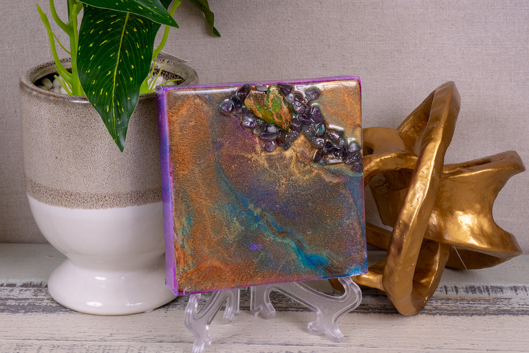 abstract fluid resin painting vibrant blue teal copper colors