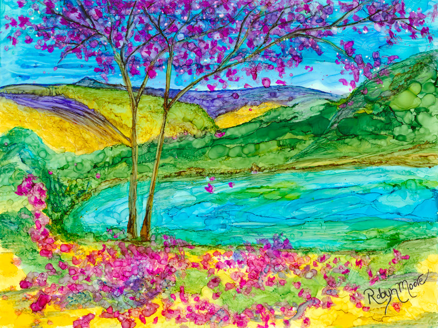 vibrant abstract cherry blossom tree on lakeshore in alcohol ink painting