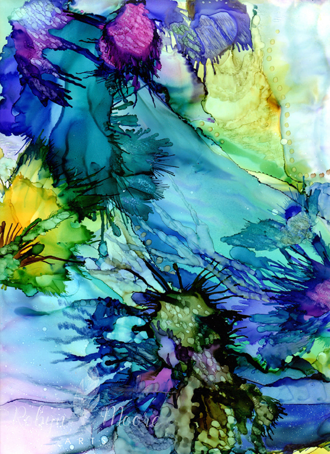 alcohol ink in blue teal abstract color flower splashes on yupo paper