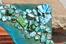 wood cheese board green resin art stones close up