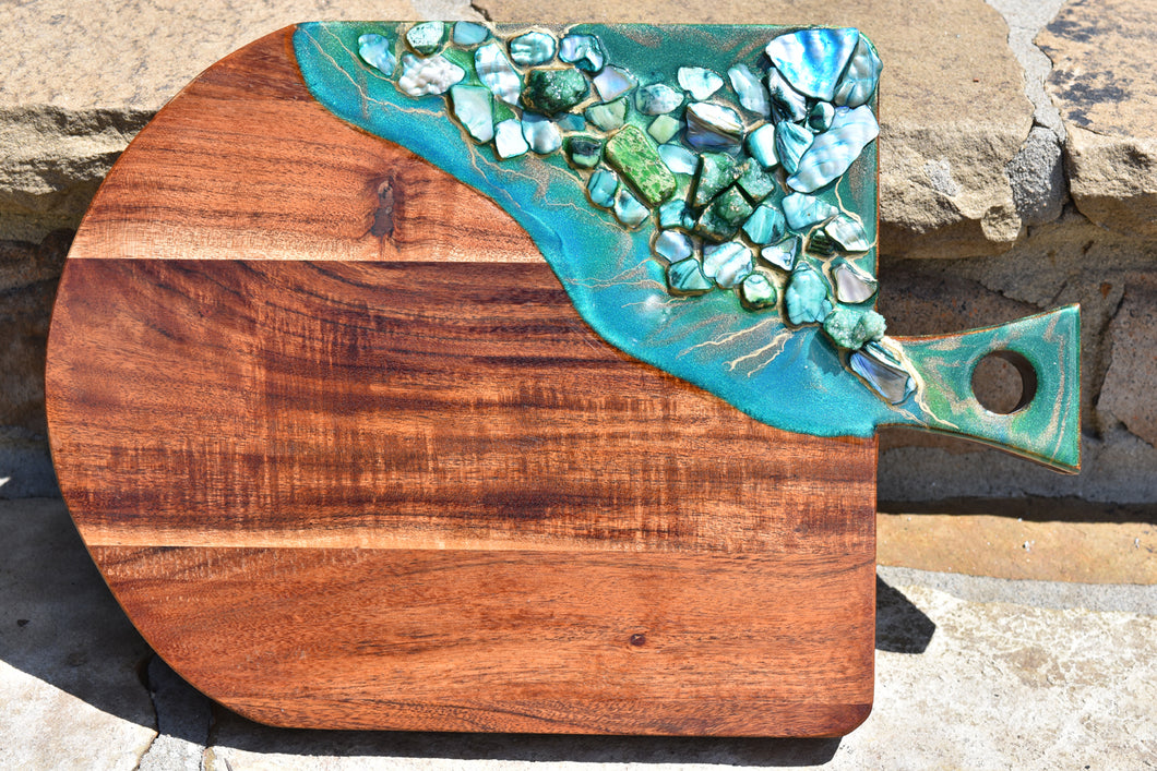 wood cheese board green resin art stones