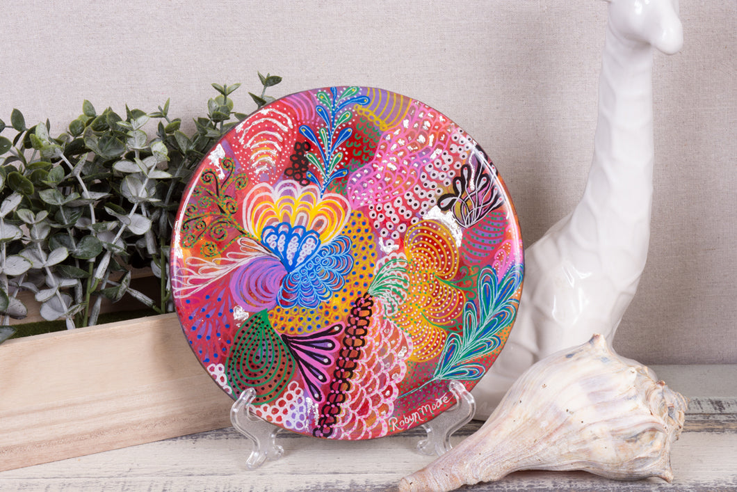 abstract rainbow colors of acrylic paint flower round wood with resin