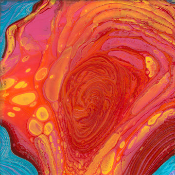 abstract fluid acrylic painting with texture and vibrant red orange blue colors