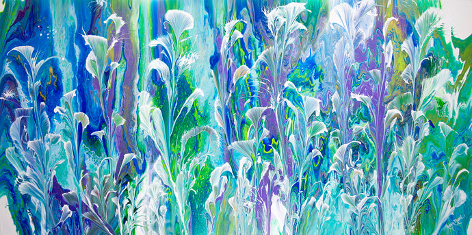 Abstract white cala lily flowers on blue green lavender background