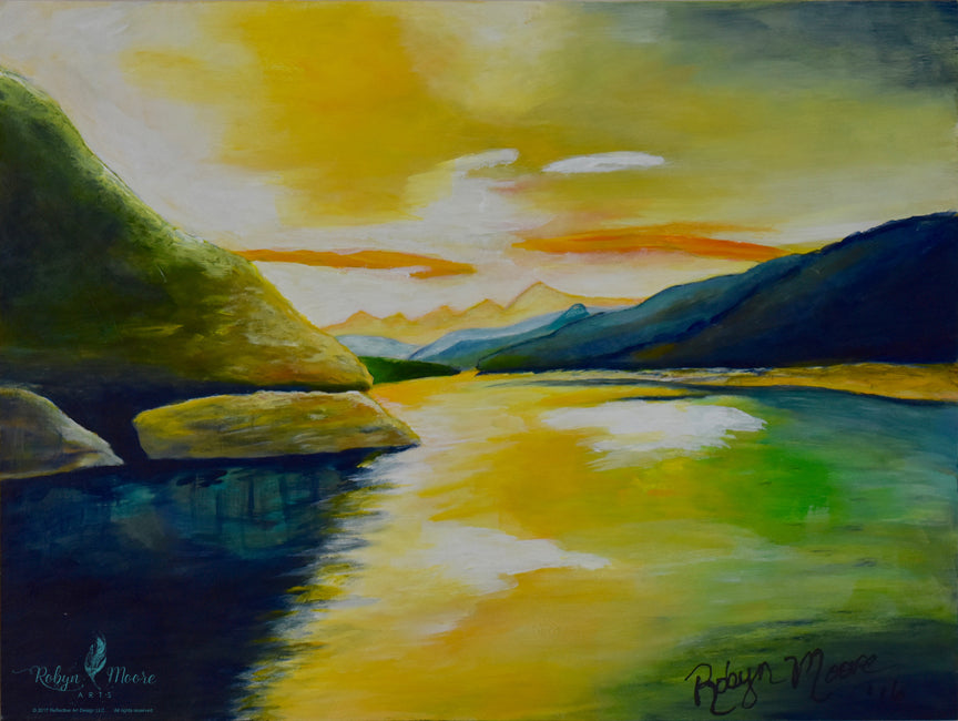 lake view sunrise painting rocky beach shoreline mountains