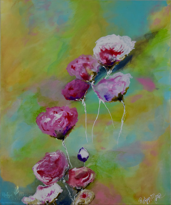 floral art piece acrylic rainbow colors with roses and stems 