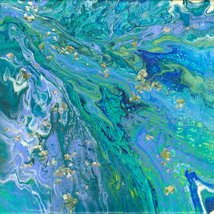 organic swirls of blue, teal, purple and white accented with silver flake