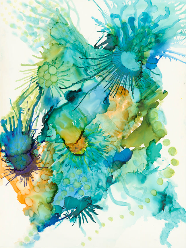 soft pastel abstract painting with bright pops of gold  color