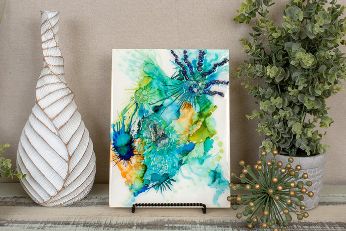 soft pastel abstract painting with bright pops of gold  color