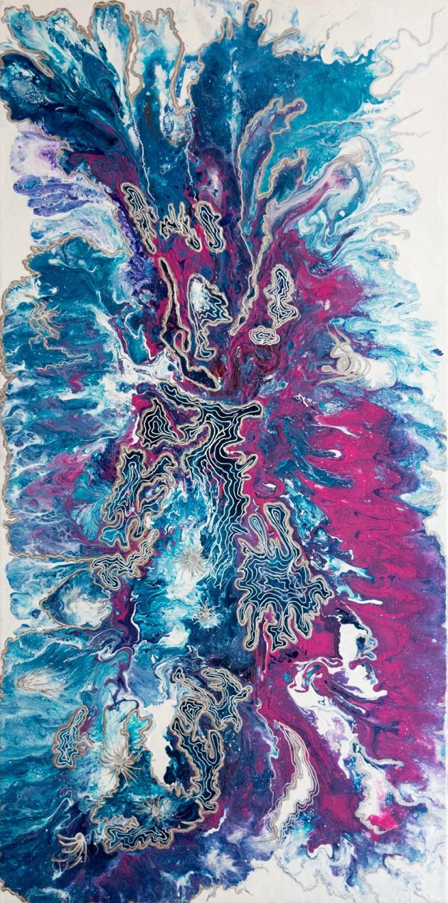 organic swirls of blue, teal, magenta and white accented with gold foil and white line detail.