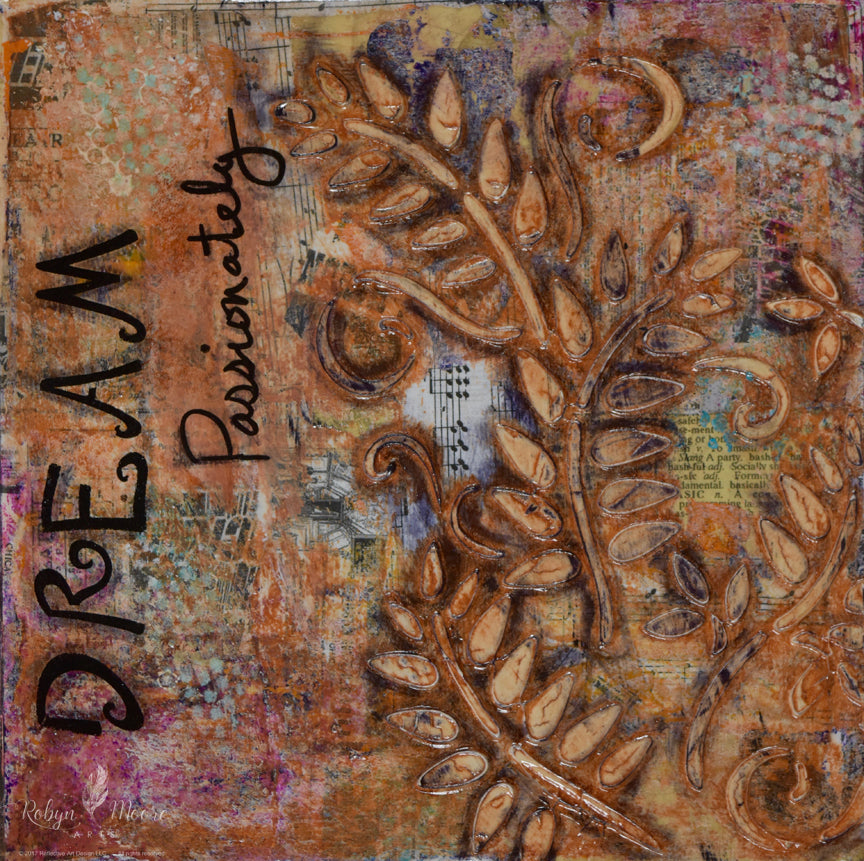 aged grunge looking abstract textured painting with layers ferns and words