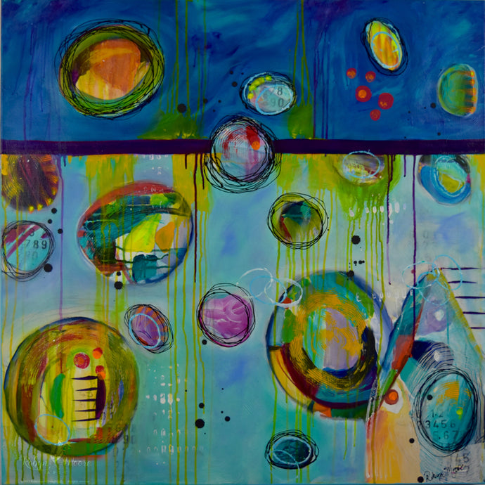multi layered blue abstract painting with textured rainbow colored and patterned peek through bubbles