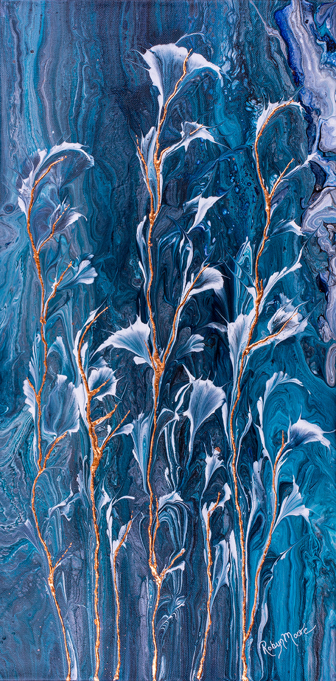 abstract fluid acrylic painting vibrant blue colors with white and copper flowers