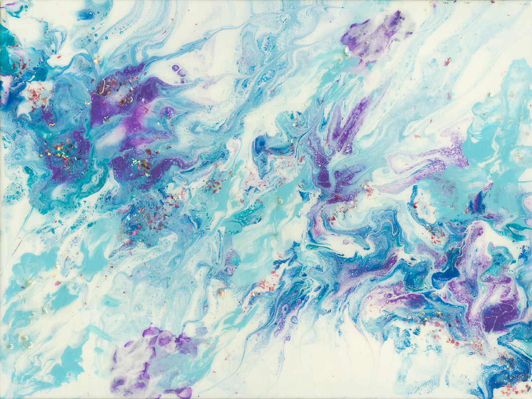 organic swirls of blue, teal, purple on white background with iridescent flakes 