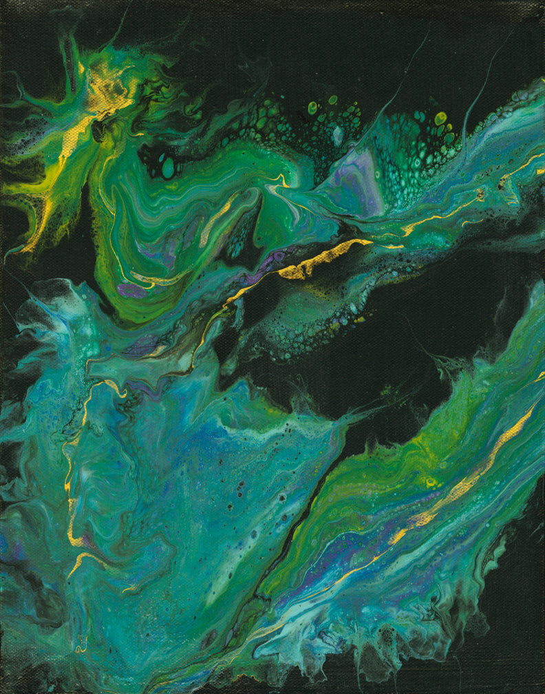 organic swirls of blue, teal, green and gold on black background
