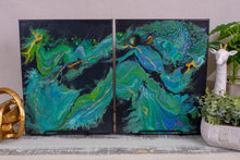 organic swirls of blue, teal, green and gold on black background