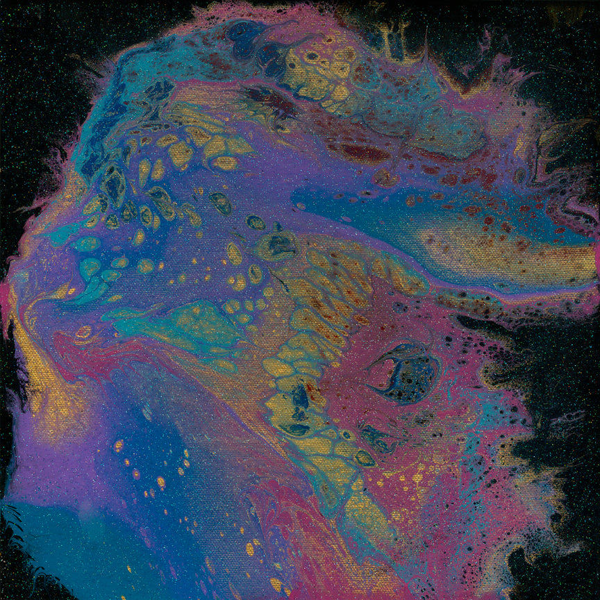 abstract fluid acrylic painting with texture and vibrant teal lavender magenta colors