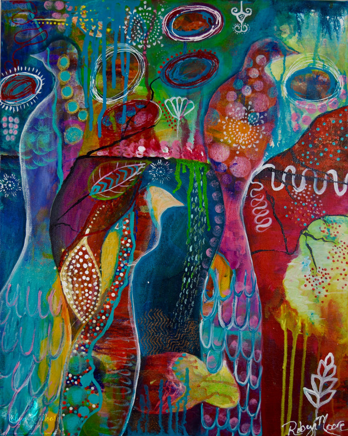 multiple layer acrylic and ink painting many vibrant colorful birds and abstract designs 