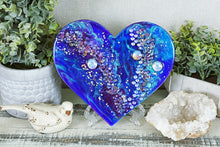 blue purple resin heart with fire glass