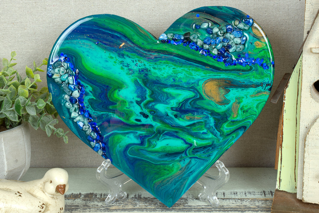 organic swirl blue green teal heart with blue stones