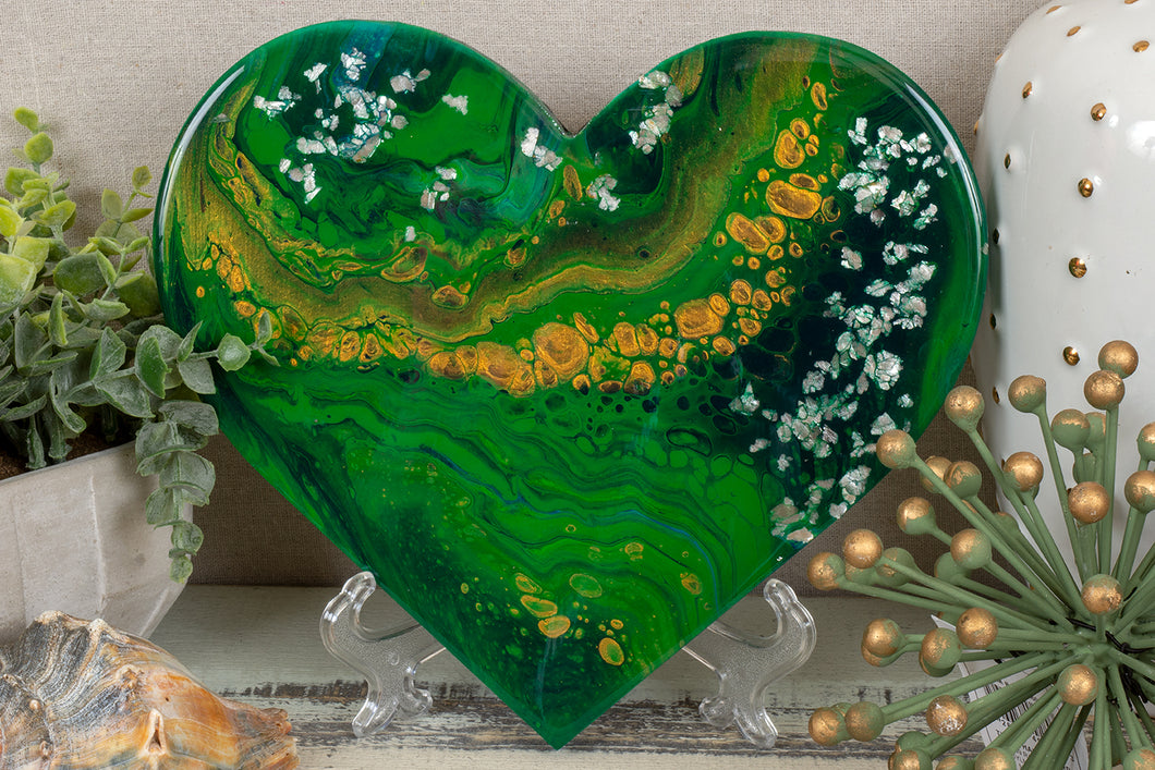 organic swirl green gold heart with white flakes