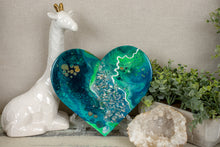 organic swirl blue green teal heart with silver flakes