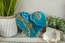 organic swirl blue teal heart with gold flakes and foil