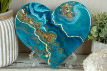 organic swirl blue teal heart with gold flakes and foil