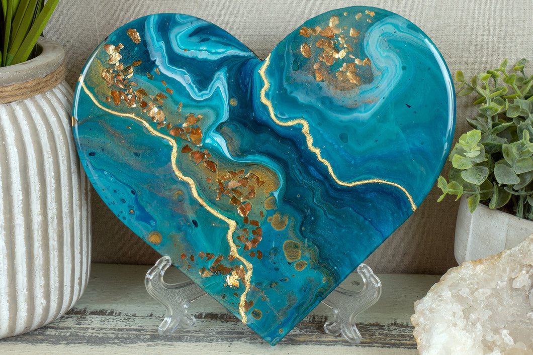 organic swirl blue teal heart with gold flakes and foil