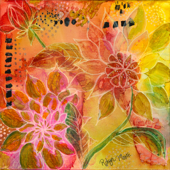 Vibrant red yellow and green dahlia flowers