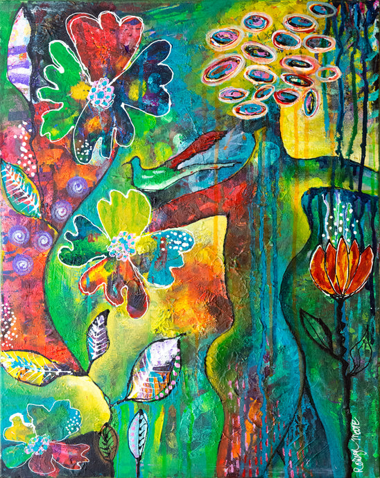 colorful mixed media ink painting of feminine woman with wild curly hair