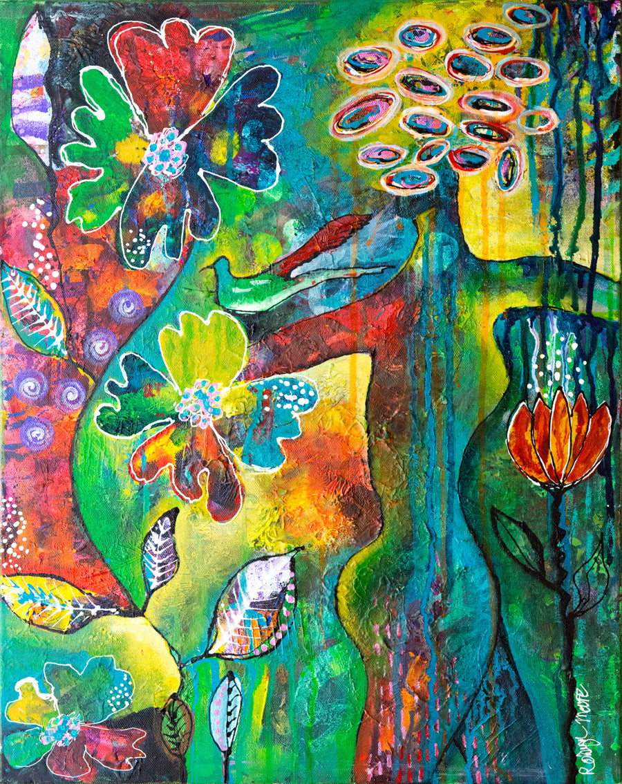 colorful mixed media ink painting of feminine woman with wild curly hair