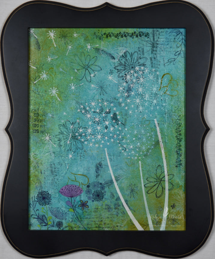 white textured dandelions blowing in wind on garden watercolor ink background