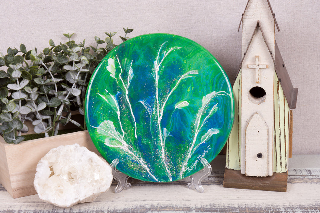 abstract fluid acrylic round painting vibrant blue teal green flowers