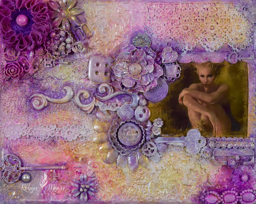 Finnabear style art with fairy accents layers of lace and bits and baubles distressing