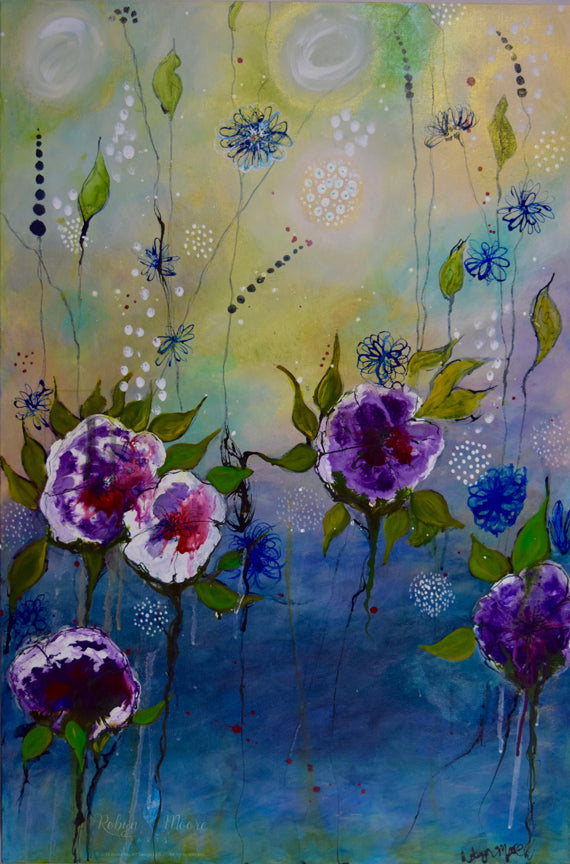 Abstract flowers floating on a misty lake flower accents bathed in suns rays.