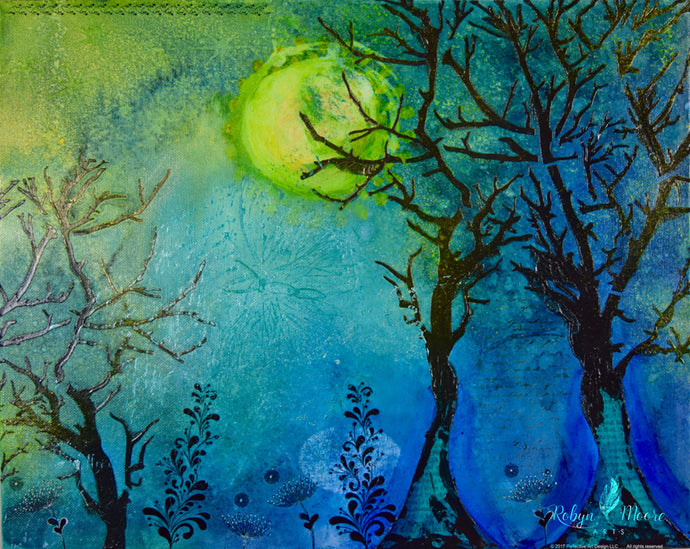 textured and paper trees in glowing moonlit forest with night flowers