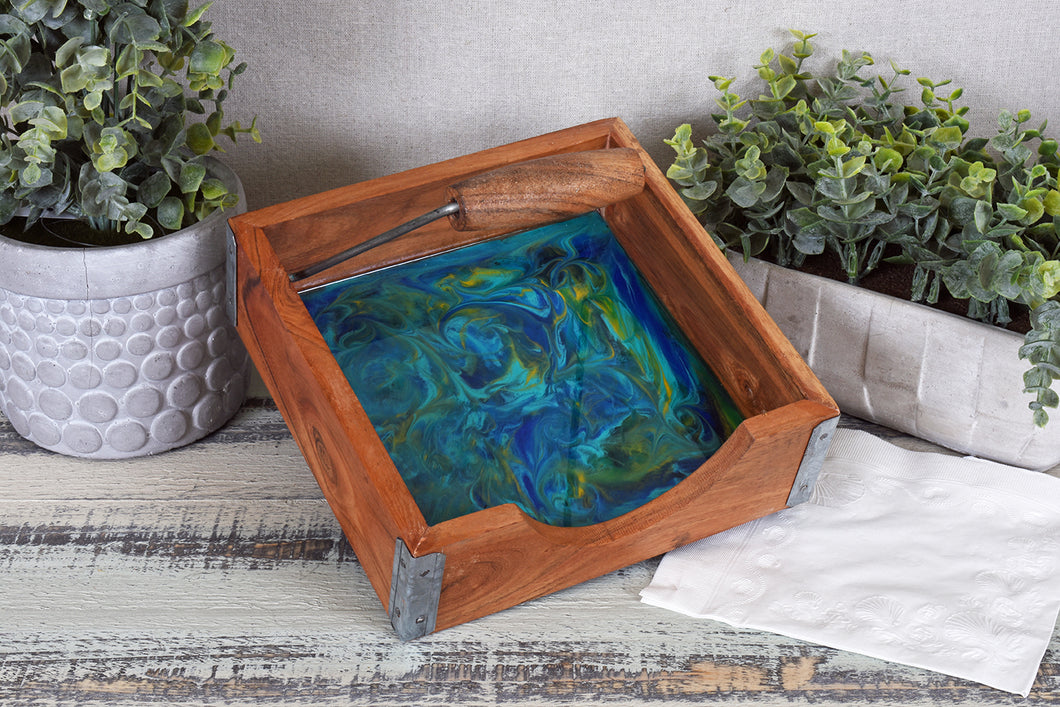 abstract resin napkin holder blue teal green yellow