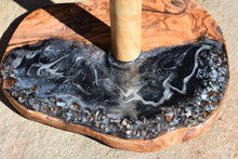 wood and black silver resin paper towel holder close up