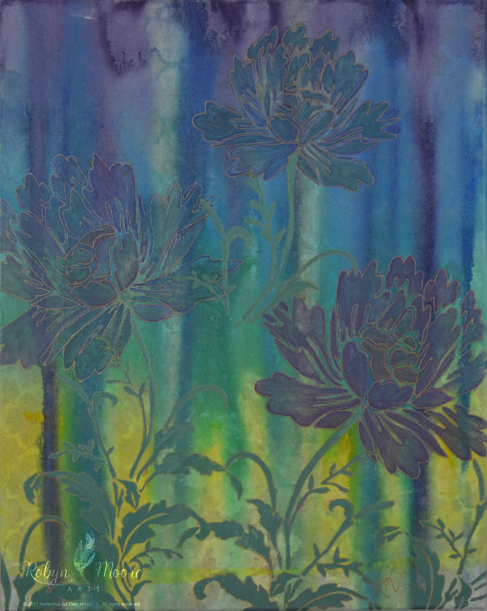 watercolor ink peonies painting on multi color background