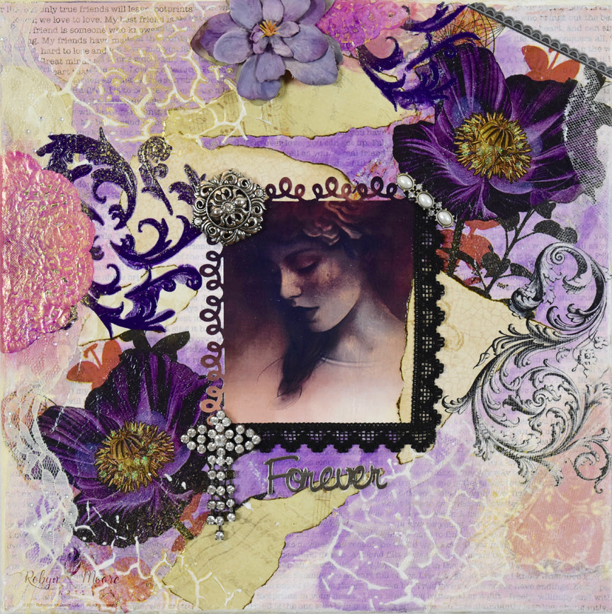 mixed media flower and lady painting soft neutral colors textural designs