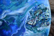Abstract Resin Lazy Susan blue teal green white with shells and fire glass close up