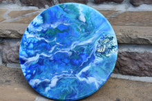 Abstract Resin Lazy Susan blue teal green white with shells and fire glass