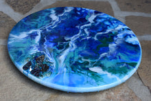 Abstract Resin Lazy Susan blue teal green white with shells and fire glass