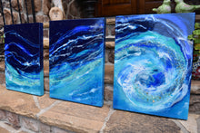 triptych of blue and teal ocean wave