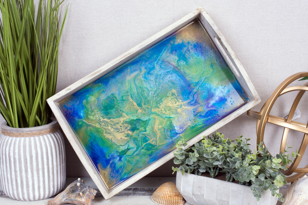 resin serving tray blue  green and gold