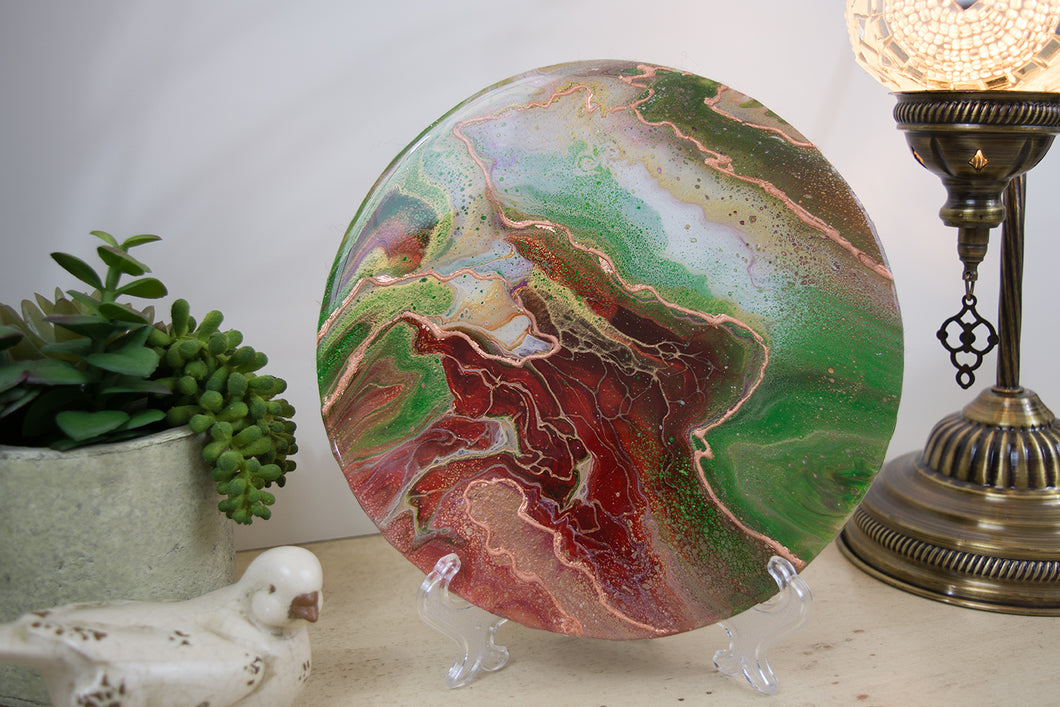 abstract fluid acrylic round painting with texture in green gold and rust colors